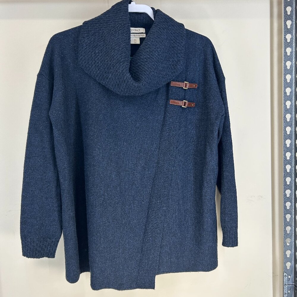 Ellen Tracy Cape Sweater 100% Merino Wool Navy Cowl Neck Buckle asymmetrical SzL
